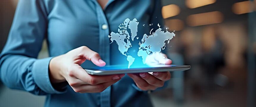 Businesswoman holds tablet with floating digital world map, slow camera pan reveals modern office, gentle ambient light flickers, cinematic style for global technology concepts.