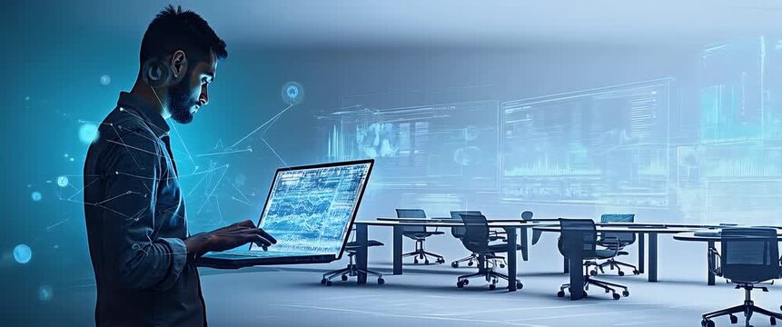 Photo realistic as Person with a laptop and SEO tools overlay symbolizing search engine optimization with copy space. concept as A person intertwined with a laptop and SEO tools representing the conce