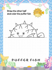 a coloring page of puffer fish with half drawing task for kids activity © Nur