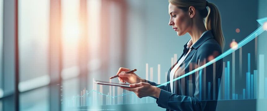 Businesswoman analyzing data on digital tablet, steady camera pan, soft ambient light flickers, futuristic cinematic style, highlighting corporate growth and innovation trends.