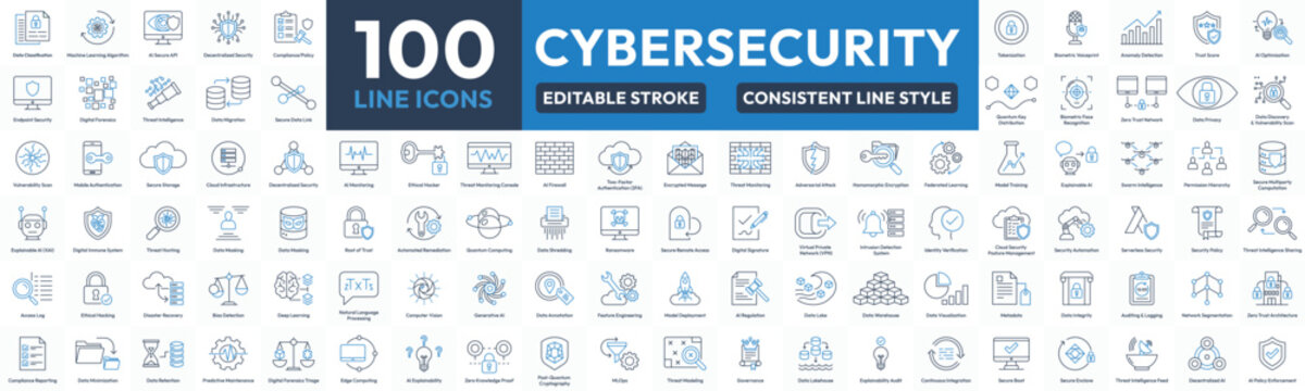 Cybersecurity icon set. 100 cybersecurity line icons set for data security, AI security, cloud protection, encryption, threat detection and DevOps security technologies