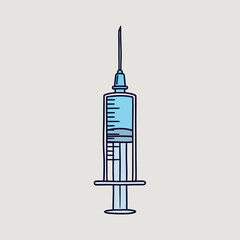 Drawn syringe with blue liquid and needle, medical concept, simple illustration