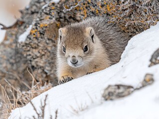 Obraz premium Small, furry mammal peeks out from a snowy, rocky den on cold day