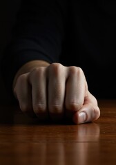 A tightly clenched fist resting on a smooth wooden surface. The knuckles are white, showing extreme tension and deep, lingering frustration ,negative ,aggressive ,discontent