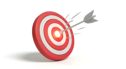 Red and white circular dartboard with arrow hitting bullseye success
