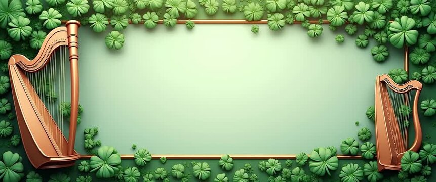 Cinematic ambient video of elegant harps with clover leaves gently swaying in a soft breeze, slow pan reveals a serene green backdrop, perfect for Irish-themed celebrations.