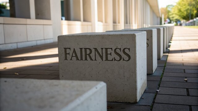 Stone blocks with the word fairness engraved in a modern urban setting