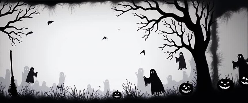 Eerie Halloween night scene with ghosts floating and bats flying, camera slowly panning across a haunted forest, atmospheric and cinematic with flickering light and shadow play.