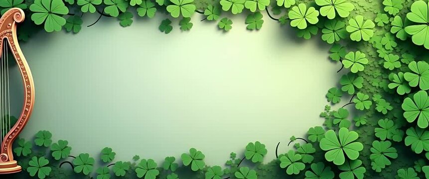 Elegant Celtic harp surrounded by gently swaying clover leaves, with a slow panning camera capturing the serene, lush environment, perfect for a cinematic, peaceful ambiance.