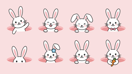 Obraz premium Eight adorable cartoon rabbits with various expressions peek out from their burrows, each displaying a unique personality