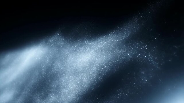 Particles shimmering microscopic ice crystals catching a hazy light glow, abstract background featuring blue, white, dark with science and macro