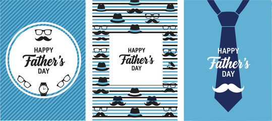 Happy Fathers Day greeting card set with blue stripes necktie and mustache, dad celebration banners, cad drawing flat vector illustration © MDMOHOBBAT