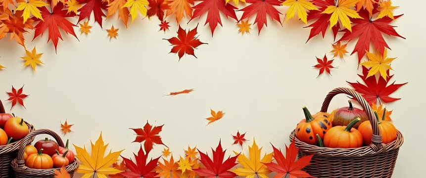 Harvest baskets and maple leaves border frame with autumn copy space for Canadian Thanksgiving concept as Overflowing harvest baskets and vibrant maple leaves framing autumn space for Canadian Thanksg