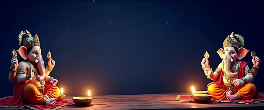 Festive Ganesha statues sit serenely as vibrant fireworks illuminate the night sky, captured in a cinematic slow pan with gentle ambient motion for a peaceful, celebratory scene.