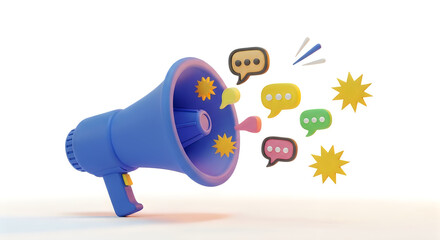 Loudspeaker megaphone broadcasting speech bubbles and starbursts