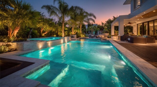 Upscale residential pool area featuring a private in-ground pool, tropical landscaping and tranquil reflections