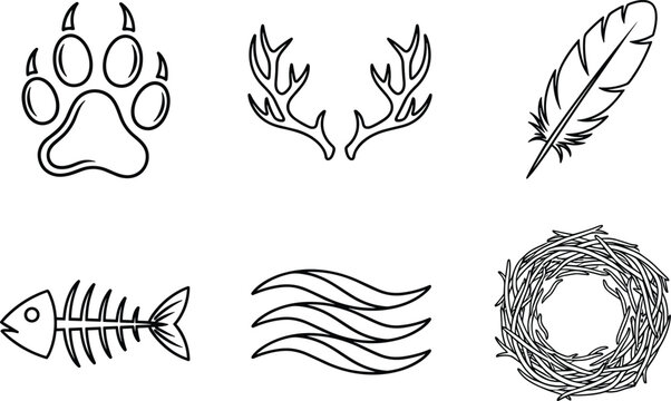 Nature and wildlife icon set with paw print, antlers, feather, fish bone, waves, and nest, cad drawing flat vector illustration.