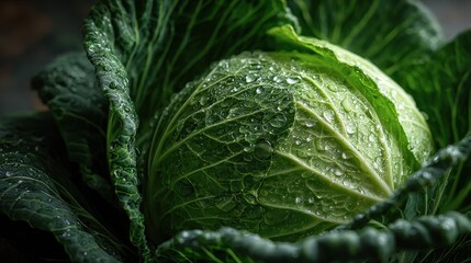 Obraz premium Vibrant green cabbage head with droplets, macro close-up showing texture and moisture