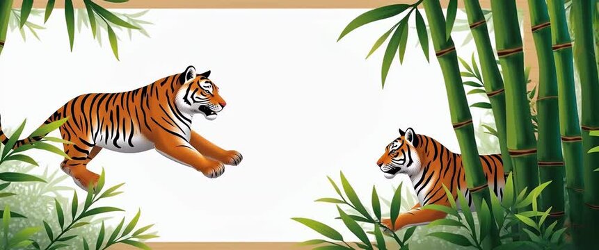 Tigers gracefully move through a lush bamboo forest, the camera slowly pans to capture their elegant stride, while gentle leaves sway in a vibrant, animated style.