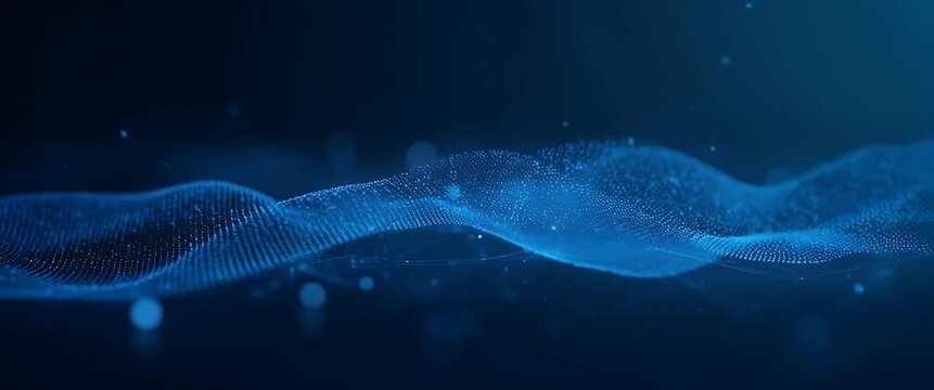 Flowing digital wave undulates gracefully, captured in a slow cinematic pan, as ambient lights flicker softly in the background, embodying futuristic technology and innovation.