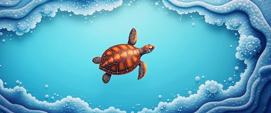 Majestic sea turtle glides gracefully through vibrant underwater world; camera pans slowly, capturing serene aquatic bubbles in a captivating, cinematic ocean scene.