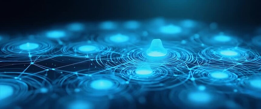 Futuristic digital network nodes pulse gently with light as the camera slowly pans, illuminating a dark blue background in a cinematic style, ideal for technology and innovation themes.
