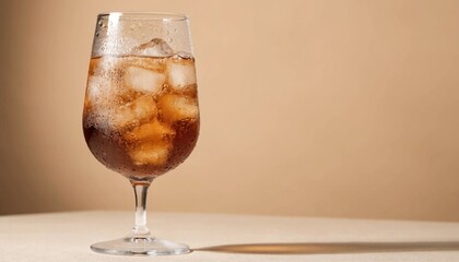 Elegant tall glass of iced beverage with condensation and bubbles in warm sunlight