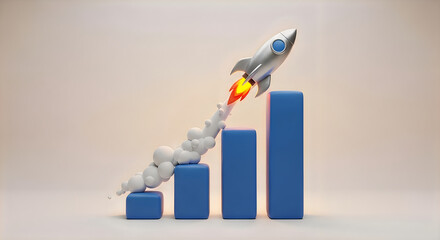 Rocket launching upwards over blue bar chart symbolizing business