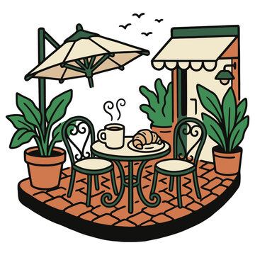 Cozy Cafe Patio Illustration Outdoor Breakfast Scene
