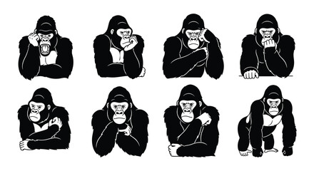 A series of black and white illustrations depicting thoughtful gorillas © Nayem