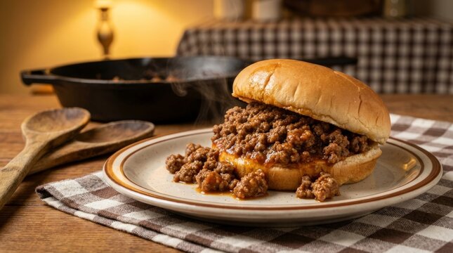 Sloppy joe burger with loose beef spilling over toasted bun