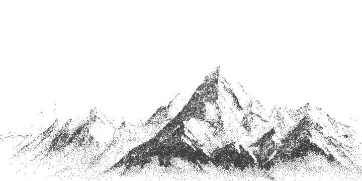 Vintage stippled mountain peak landscape drawing with dot work shading and pointillism style wilderness background vector illustration