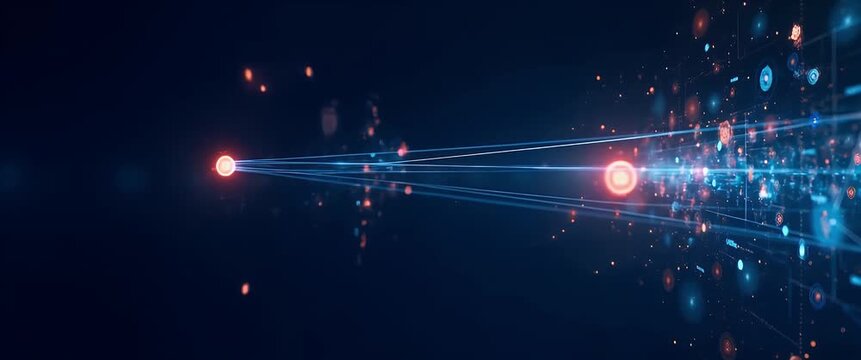 Futuristic digital network visualization with dynamic data nodes gliding across the screen, while the camera gently pans left, creating a cinematic, immersive technology ambiance.