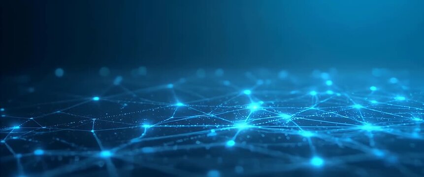 Futuristic network grid pulses with light as the camera slowly pans across a digital landscape, creating a dynamic, cinematic visualization of technology and innovation.