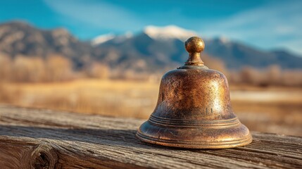 Vintage bell on a wooden table overlooking a serene mountain scenery