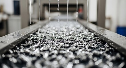 Fototapeta premium Metal conveyor belt laden with silver fragments amid suspended molten streams in a factory setting