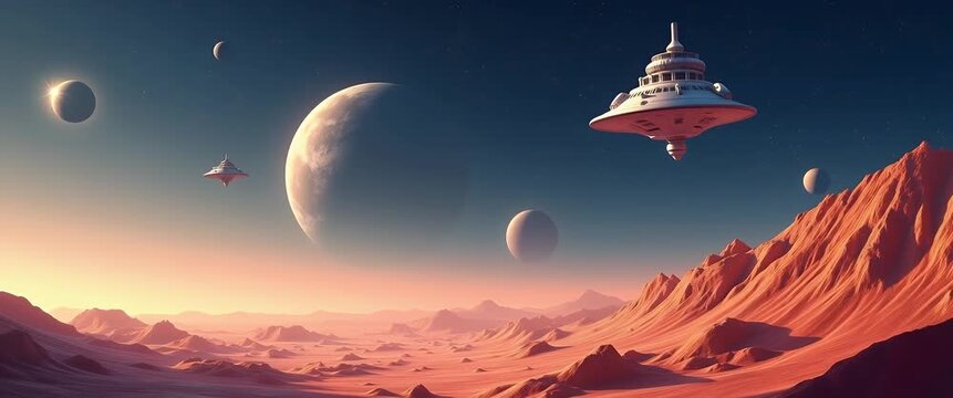 Futuristic spacecraft glides smoothly over an alien desert landscape, with a slow cinematic pan capturing the serene beauty of distant planets and sunlit rocky formations.