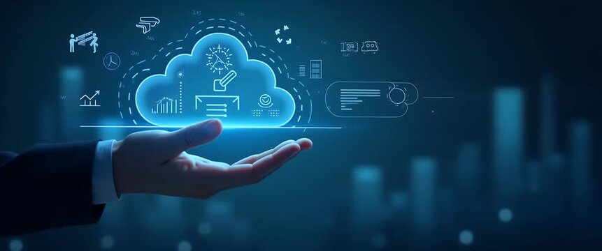 Businessman's hand presents a glowing cloud computing icon with data analytics symbols, as camera slowly pans across a futuristic digital interface; cinematic, tech-focused ambiance.