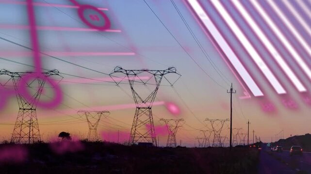 Animation of financial data processing over electricity pylons