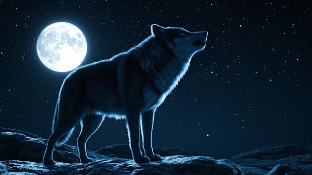 A wolf howls at the full moon in a dark night video scene.