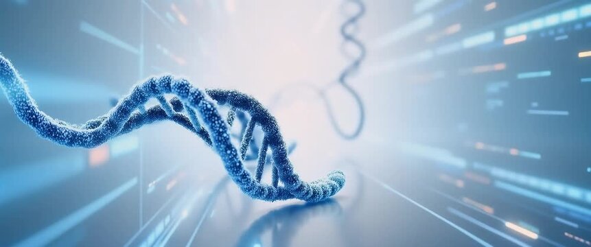 Cinematic close-up of a glowing DNA helix rotating slowly, with particles gently drifting in a dark, ambient background; camera executes a smooth steady pan for a futuristic, scientific atmosphere.