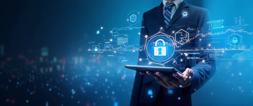 Business professional holding digital tablet with glowing cybersecurity icons; camera executes slow pan, ambient lights flicker in a futuristic, cinematic style.