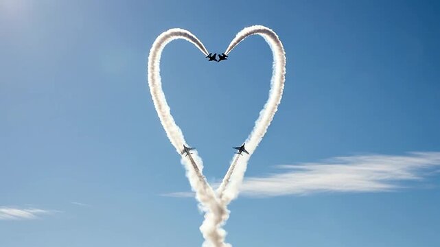 Multiple jet aircraft perform aerial maneuvers leaving smoke trails against a clear blue sky