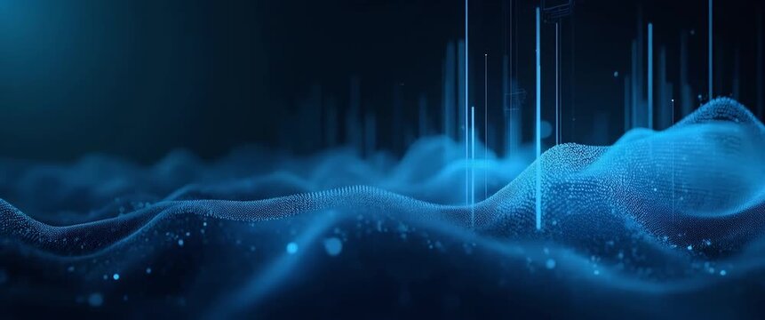 Mysterious digital landscape with gentle wave motion, as the camera pans slowly across a futuristic, glowing blue grid; cinematic and immersive, perfect for technology and innovation themes.