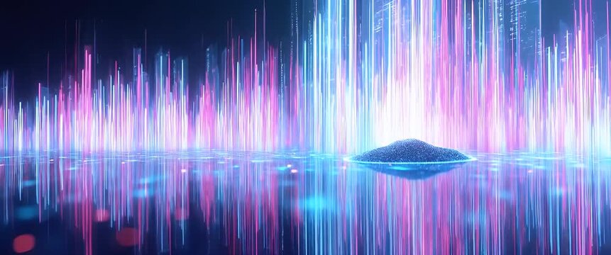 Futuristic digital landscape with glowing data points pulsating gently, as the camera smoothly pans over a high-tech network grid in a cinematic, immersive style.