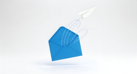3d blue envelope sending paper airplane with digital connection lines