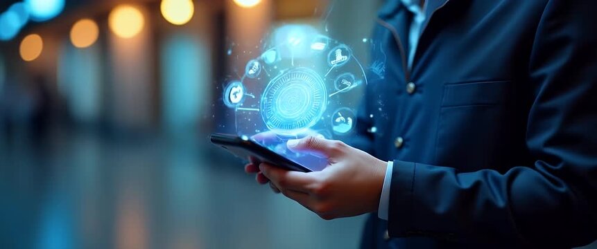 Business professional interacts with digital interface hologram on smartphone, while camera slowly pans across modern office background with gentle ambient light shifts, cinematic style.