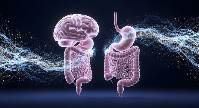 Gut brain axis and nervous system connection. Mental health and digestive wellness science. Human brain and intestine organs linked by glowing energy waves on dark background