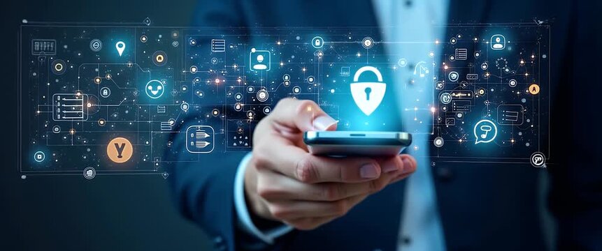 Business professional interacts with digital interface hologram on smartphone, while camera slowly pans across modern office background with gentle ambient light shifts, cinematic style.