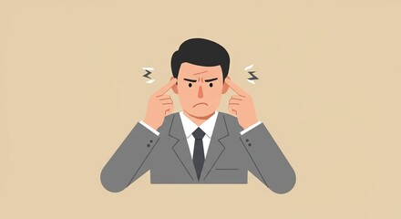 Flat illustration of caucasian overwhelmed man in formal gray suit, exhausted, rubbing his temples, tired of noise. Overworking issue, problems with mental health due to burnout and stress